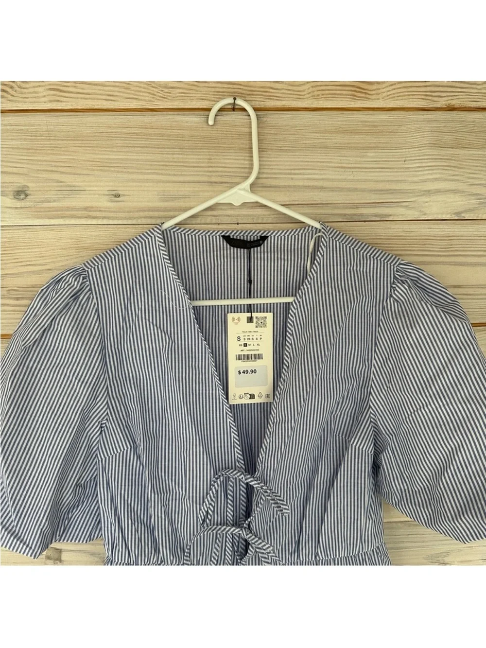 NWT ZARA Blue & White Striped Lace Hem Tie Front Blouse Size S